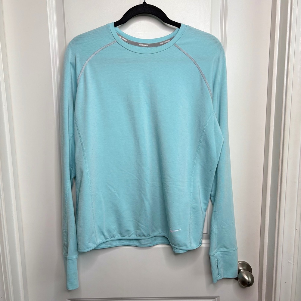 Nike Running Dri-FIT Long Sleeve Top Aqua Blue Zip Pocket Womens L Athletic Yoga